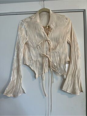 Satin Plisse Tie-Front long sleeve crop top bell sleeve cream off white